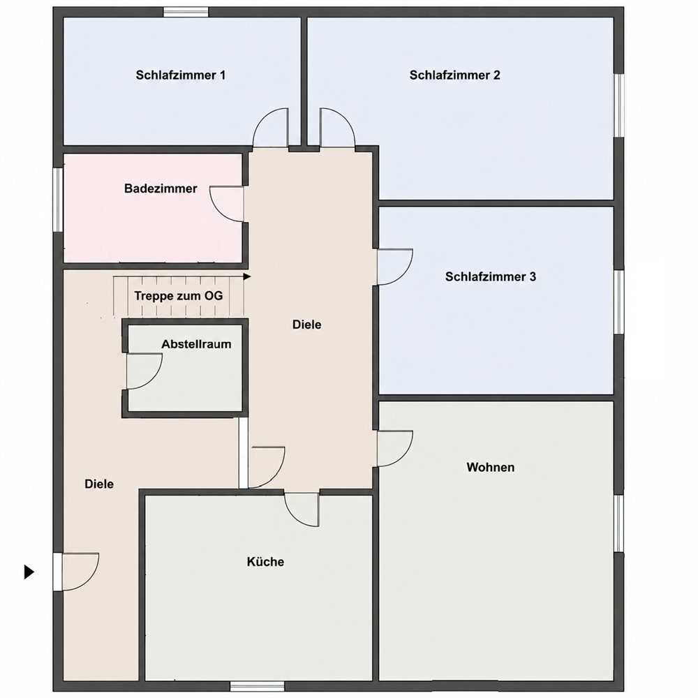 Grundriss der Business Residence im Erdgeschoss: vier Zimmer, drei Schlafzimmer, Wohn- und Esszimmer sowie separate Küche