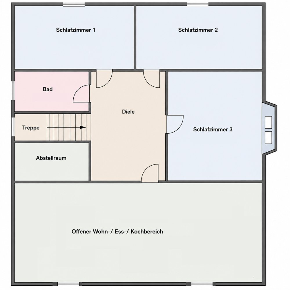 Grundriss der Family Residence im Obergeschoss: vier Zimmer, drei Schlafzimmer, Wohn- und Essbereich mit offener Küche
