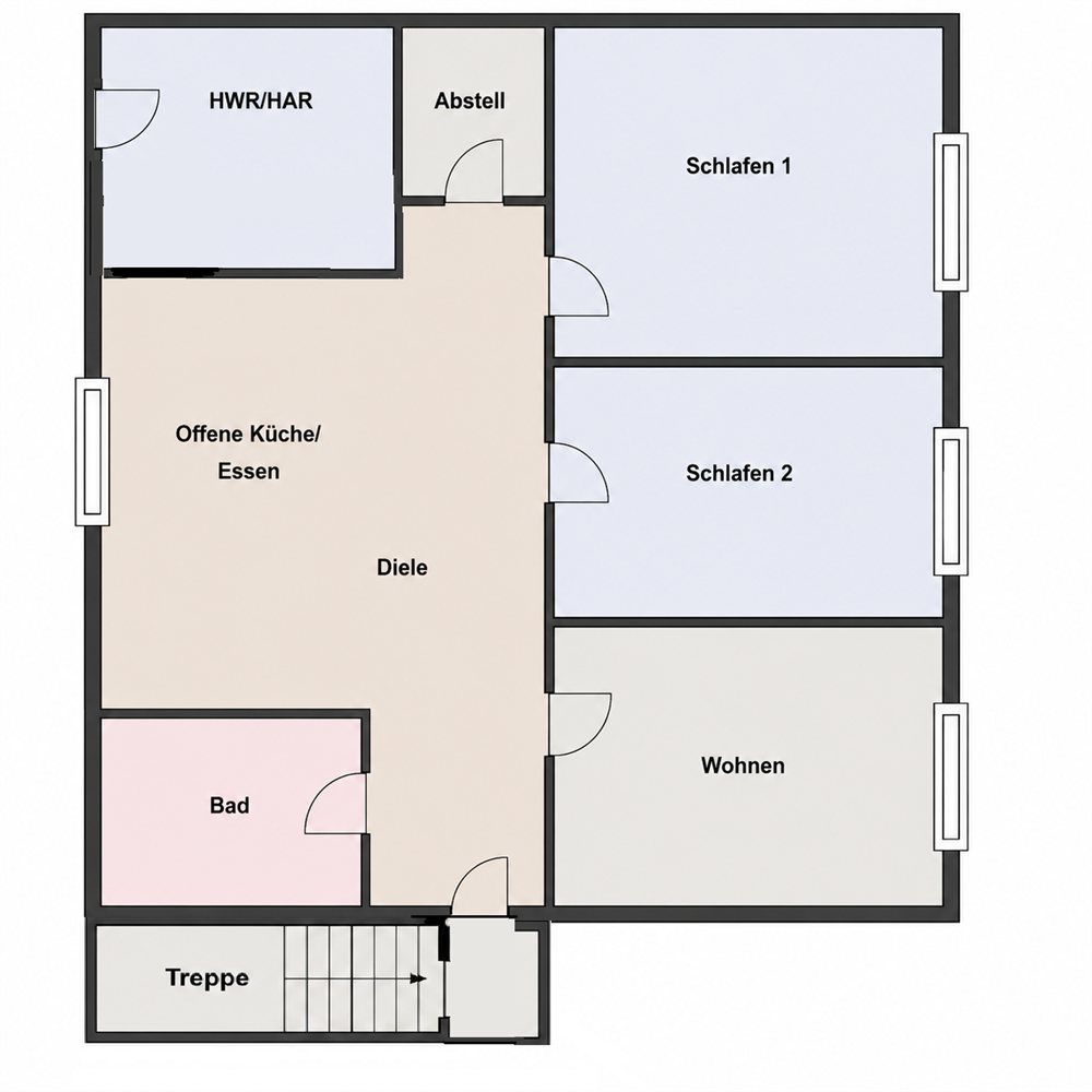 Grundriss der Wohnung UG: drei Zimmer, zwei Schlafzimmer, Wohnzimmer sowie Küche mit Essbereich