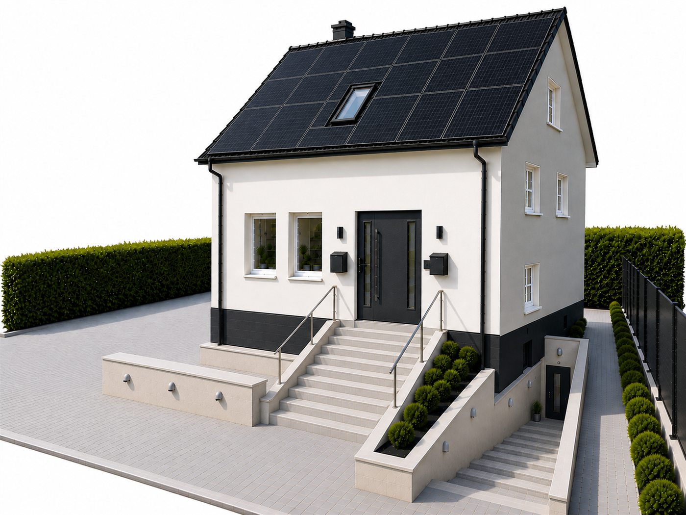 Visualisierung der Alten Riede, Ostseite mit Photovoltaikanlage auf dem Dach