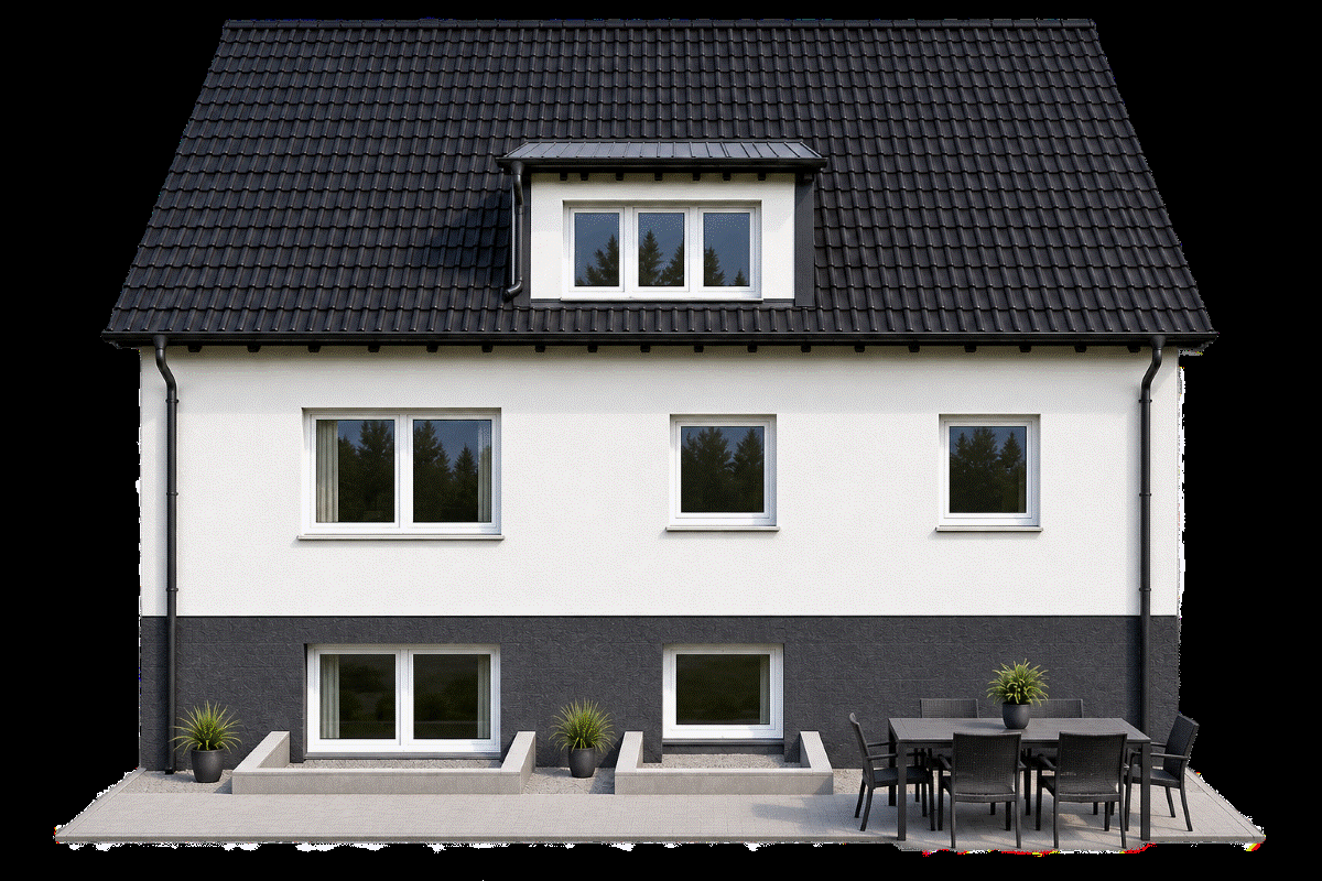 Visualisierung der Alten Riede, Rückseite (West) mit Terrasse und Gaube